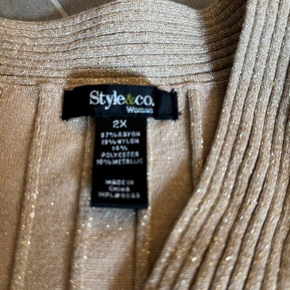 Style & Co Gold Metallic Ribbed Knit V-Neck Top 2X Sweater Long Sleeve - Picture 4 of 4